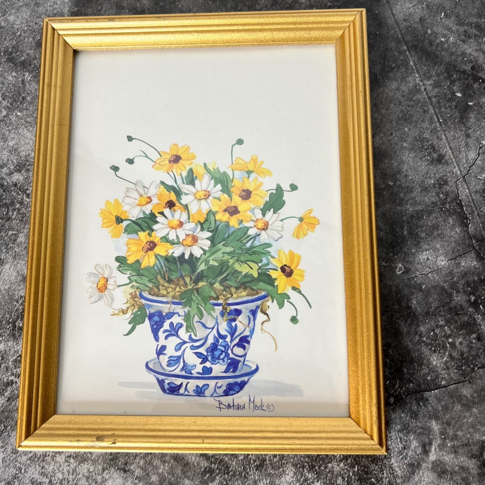 Vintage Blue White Vase Daisies Framed Art | *SEE NOTE |Barbara Mock | Cottage